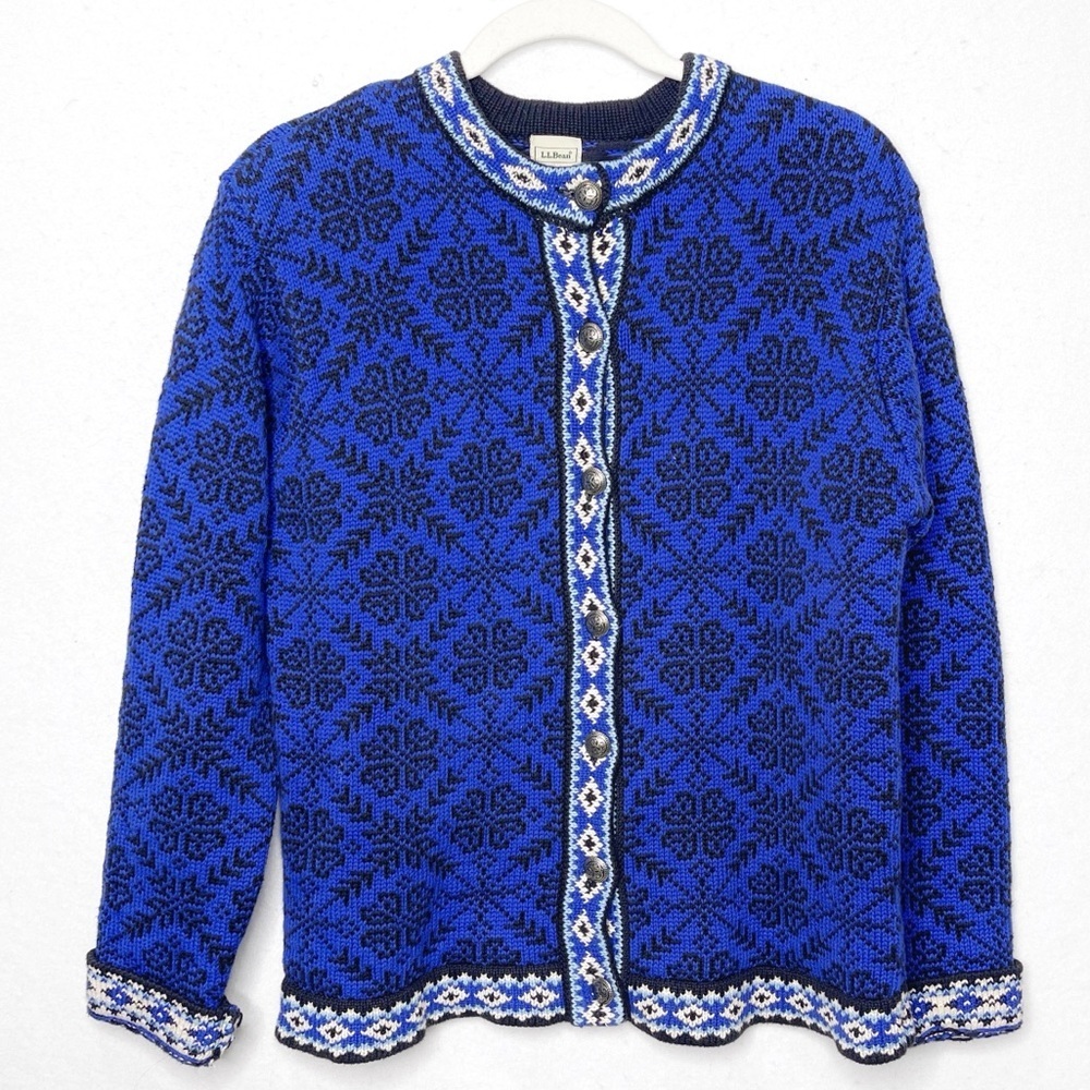 L.L. Bean 100% Cotton Button Front Women’s Knit Cardigan Sweater Nordic Print